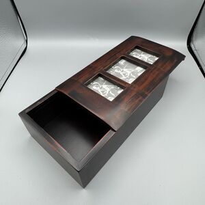 Vintage Unmarked Wood Photo Trinket Box Slide Top Holds 3 Photos 10" Long READ